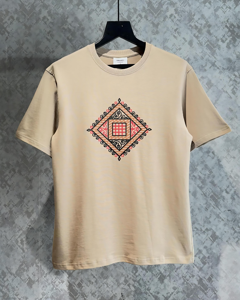 Square Printed  Light Brown Oversized T -shirt