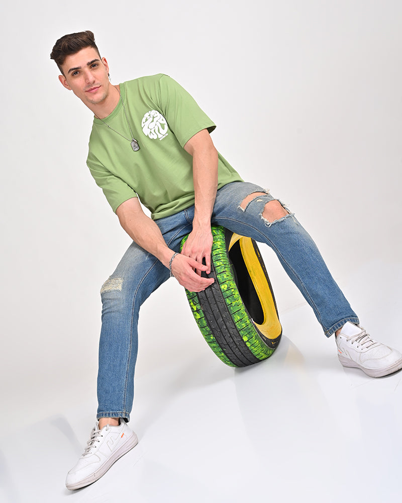 Stay Wild printed Pista Green Oversized T-shirt