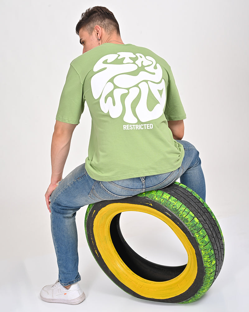 Stay Wild printed Pista Green Oversized T-shirt